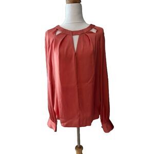 Trina Turk Orange Button Closure 95% Silk Long Sleeve Blouse Cut Outs Sz L NWT